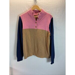 NEW J. Crew Sweater Women Sz LG Pink Blue Button Pullover Colorblock 1/4‎ button